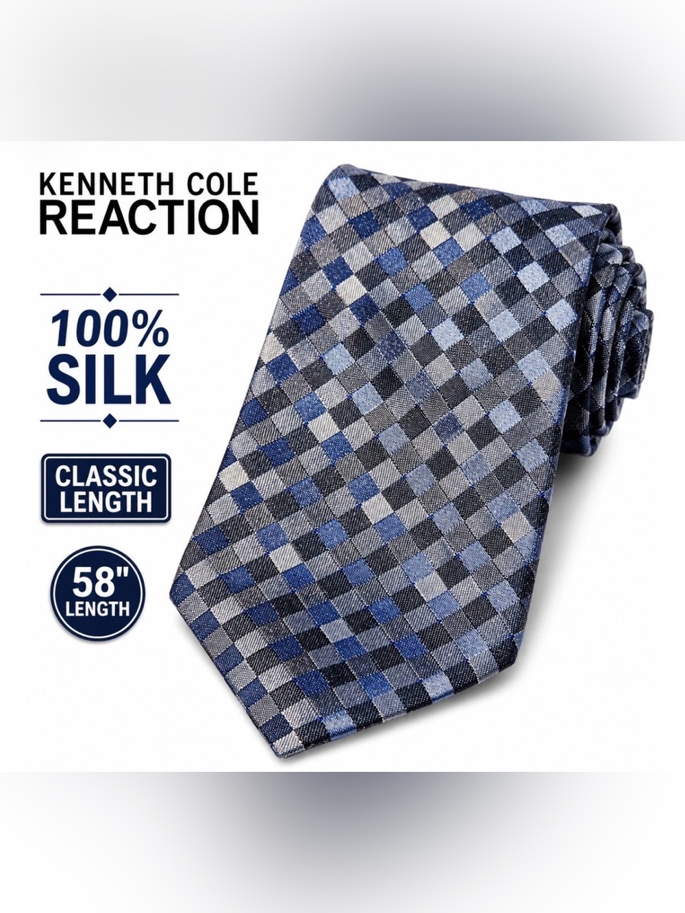 Kenneth Cole Reaction Blue and Gray Check Silk Tie